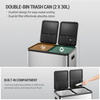 Hzuaneri Kitchen Rubbish Bin, Waste Separation System, 2 Compartments, 60 L (2 x 30 L), Stainless Steel Kitchen Rubbish Bin, Pedal Bin with Colour-Coded Pedals, Rubbish Bin, Quiet Slow Descent, Silver SW23099E