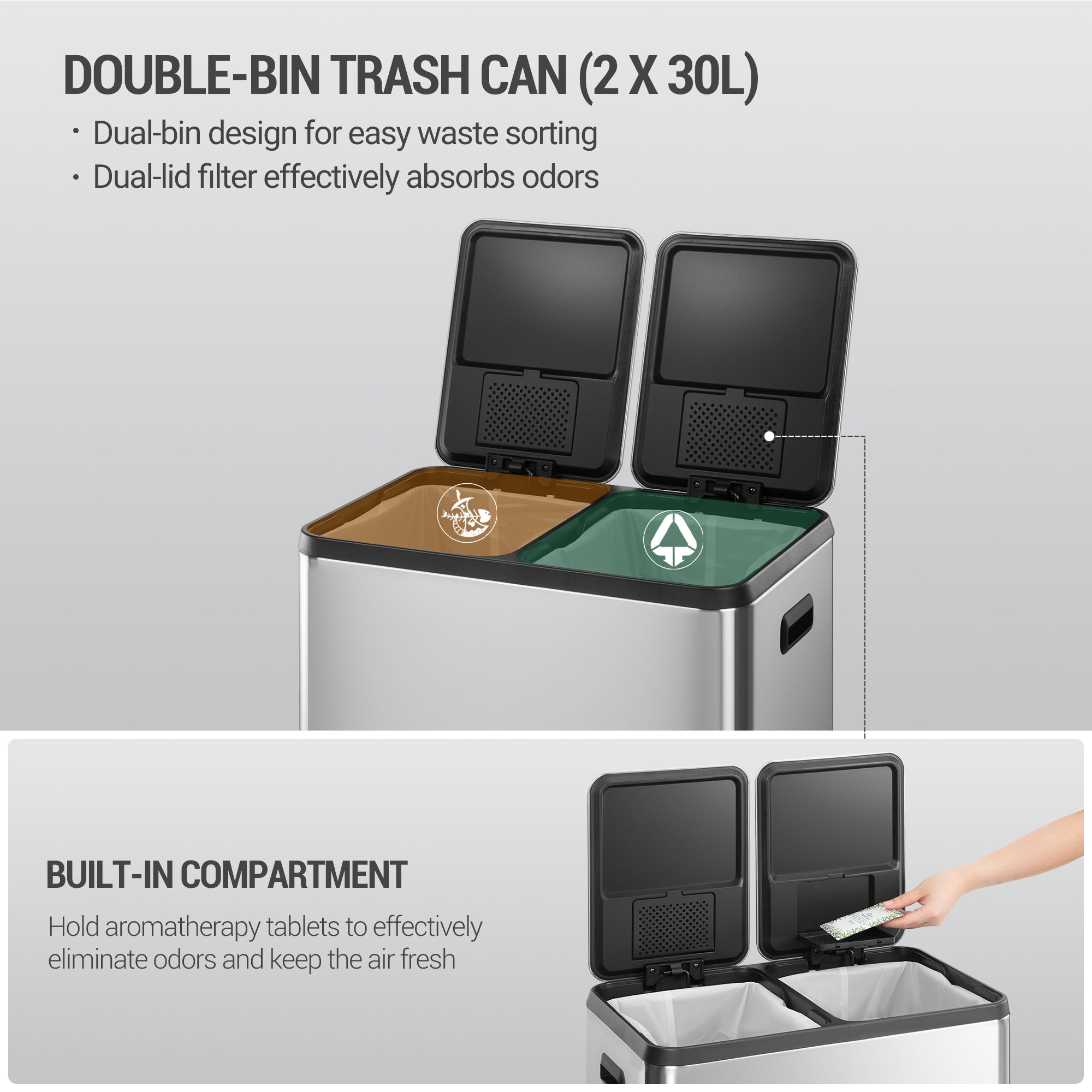 Hzuaneri Kitchen Rubbish Bin, Waste Separation System, 2 Compartments, 60 L (2 x 30 L), Stainless Steel Kitchen Rubbish Bin, Pedal Bin with Colour-Coded Pedals, Rubbish Bin, Quiet Slow Descent, Silver SW23099E