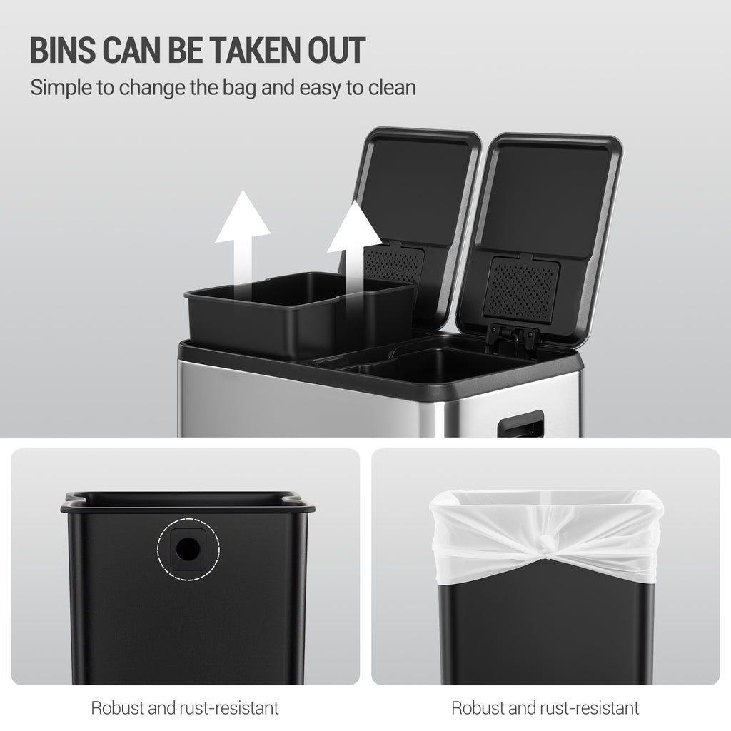 Hzuaneri Kitchen Rubbish Bin, Waste Separation System, 2 Compartments, 60 L (2 x 30 L), Stainless Steel Kitchen Rubbish Bin, Pedal Bin with Colour-Coded Pedals, Rubbish Bin, Quiet Slow Descent, Silver SW23099E