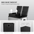 Hzuaneri Kitchen Rubbish Bin, Waste Separation System, 2 Compartments, 60 L (2 x 30 L), Stainless Steel Kitchen Rubbish Bin, Pedal Bin with Colour-Coded Pedals, Rubbish Bin, Quiet Slow Descent, Silver SW23099E
