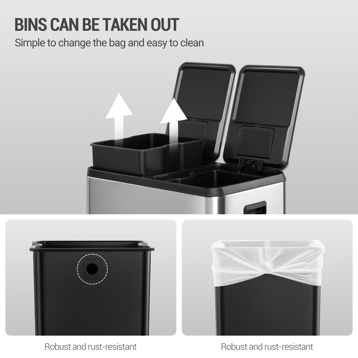 Hzuaneri Kitchen Rubbish Bin, Waste Separation System, 2 Compartments, 60 L (2 x 30 L), Stainless Steel Kitchen Rubbish Bin, Pedal Bin with Colour-Coded Pedals, Rubbish Bin, Quiet Slow Descent, Silver SW23099E
