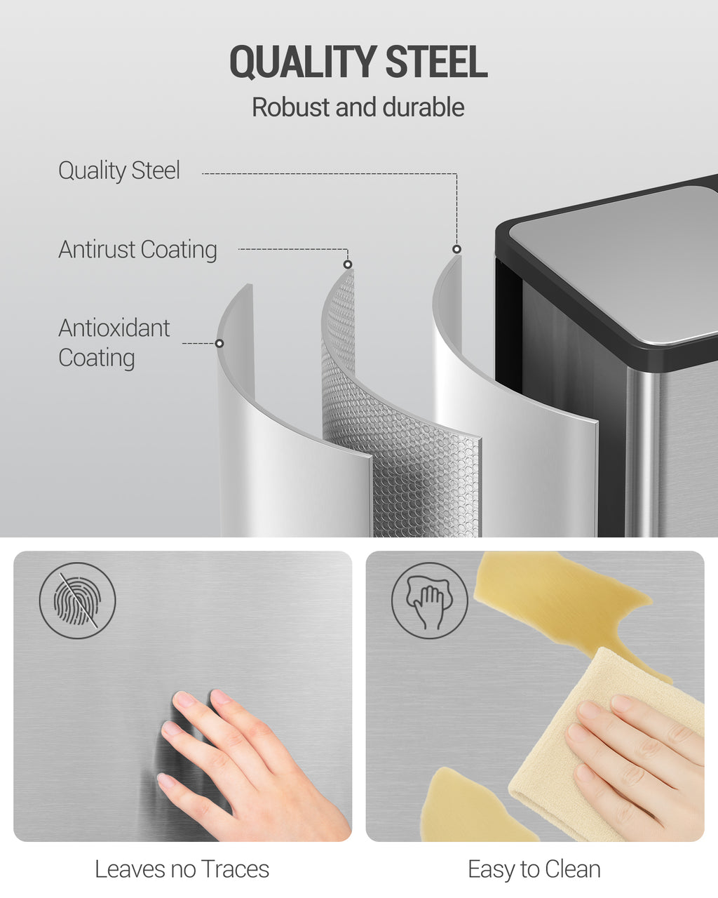 Hzuaneri Kitchen Rubbish Bin, Waste Separation System, 2 Compartments, 60 L (2 x 30 L), Stainless Steel Kitchen Rubbish Bin, Pedal Bin with Colour-Coded Pedals, Rubbish Bin, Quiet Slow Descent, Silver SW23099E