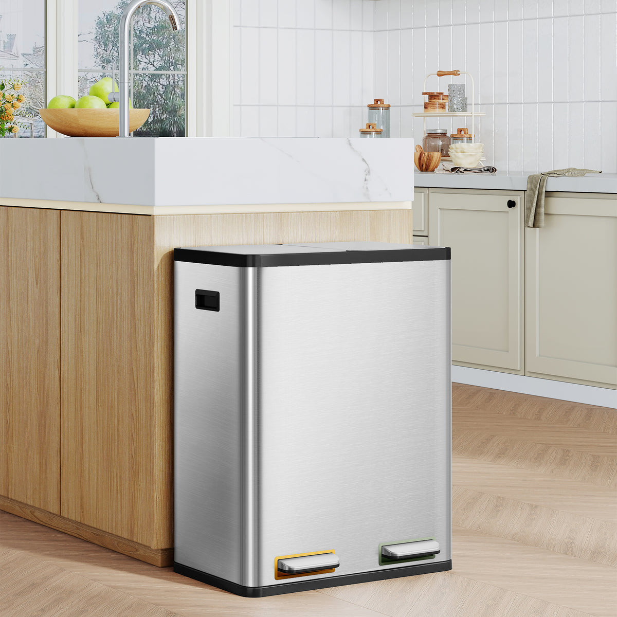 Hzuaneri Kitchen Rubbish Bin, Waste Separation System, 2 Compartments, 60 L (2 x 30 L), Stainless Steel Kitchen Rubbish Bin, Pedal Bin with Colour-Coded Pedals, Rubbish Bin, Quiet Slow Descent, Silver SW23099E