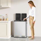 Hzuaneri Kitchen Rubbish Bin, Waste Separation System, 2 Compartments, 60 L (2 x 30 L), Stainless Steel Kitchen Rubbish Bin, Pedal Bin with Colour-Coded Pedals, Rubbish Bin, Quiet Slow Descent, Silver SW23099E