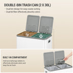 Hzuaneri Kitchen Rubbish Bin, Waste Separation System, 2 Compartments, 60 L (2 x 30 L), Stainless Steel Kitchen Rubbish Bin, Pedal Bin with Colour-Coded Pedals, Rubbish Bin, Quiet Slow Descent, White SW23099W