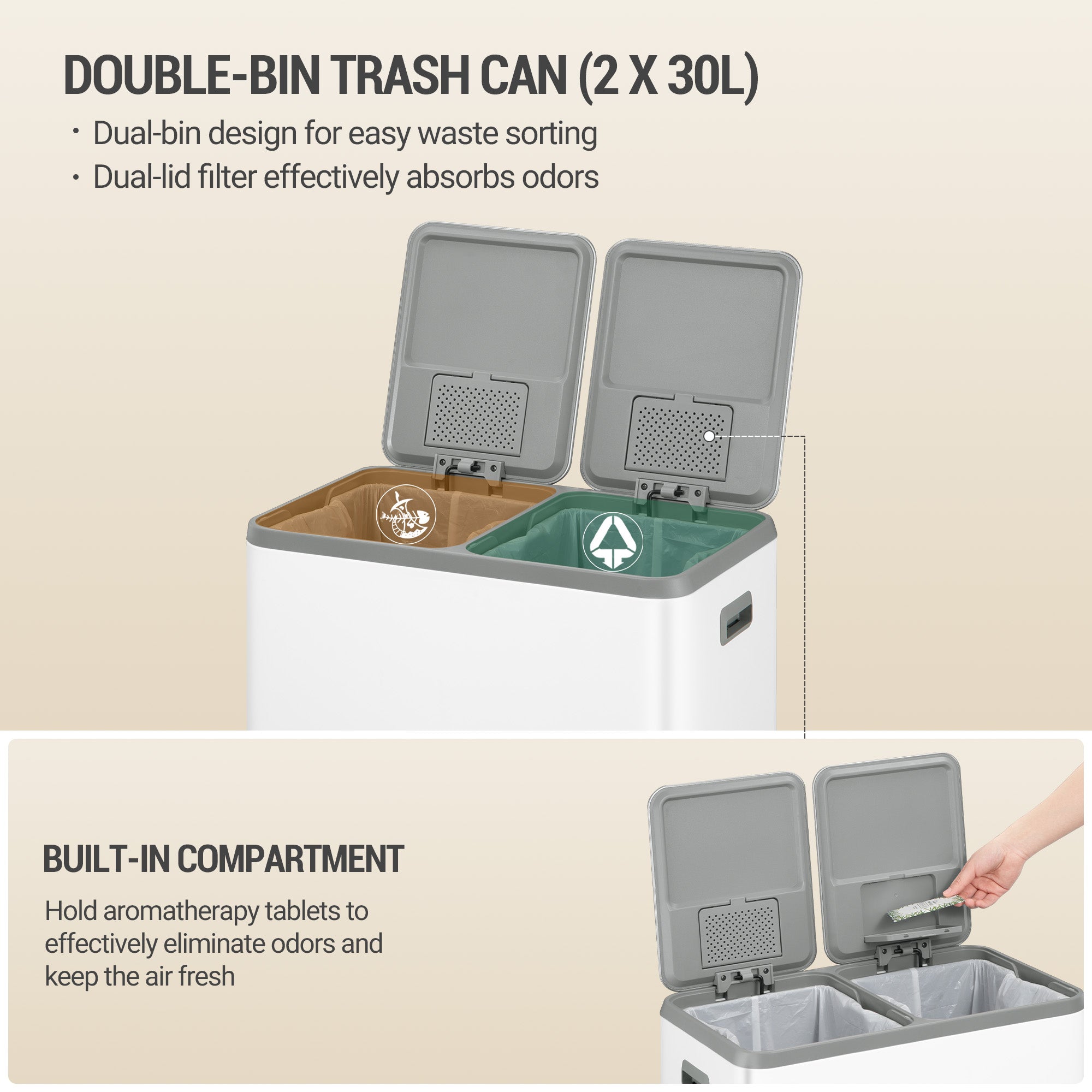 Hzuaneri Kitchen Rubbish Bin, Waste Separation System, 2 Compartments, 60 L (2 x 30 L), Stainless Steel Kitchen Rubbish Bin, Pedal Bin with Colour-Coded Pedals, Rubbish Bin, Quiet Slow Descent, White SW23099W