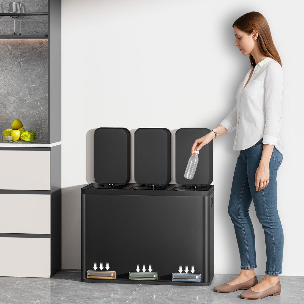 Hzuaneri Kitchen Bin, 45L (3 x 15L), Recycling Bin with 3 Compartments, Color-Coded Pedal Bins, Quiet and Slow-Close, with 15 Bin Bags, for Kitchen, Black SW04599B