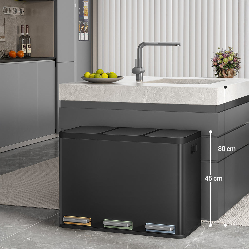 Hzuaneri Kitchen Bin, 45L (3 x 15L), Recycling Bin with 3 Compartments, Color-Coded Pedal Bins, Quiet and Slow-Close, with 15 Bin Bags, for Kitchen, Black SW04599B