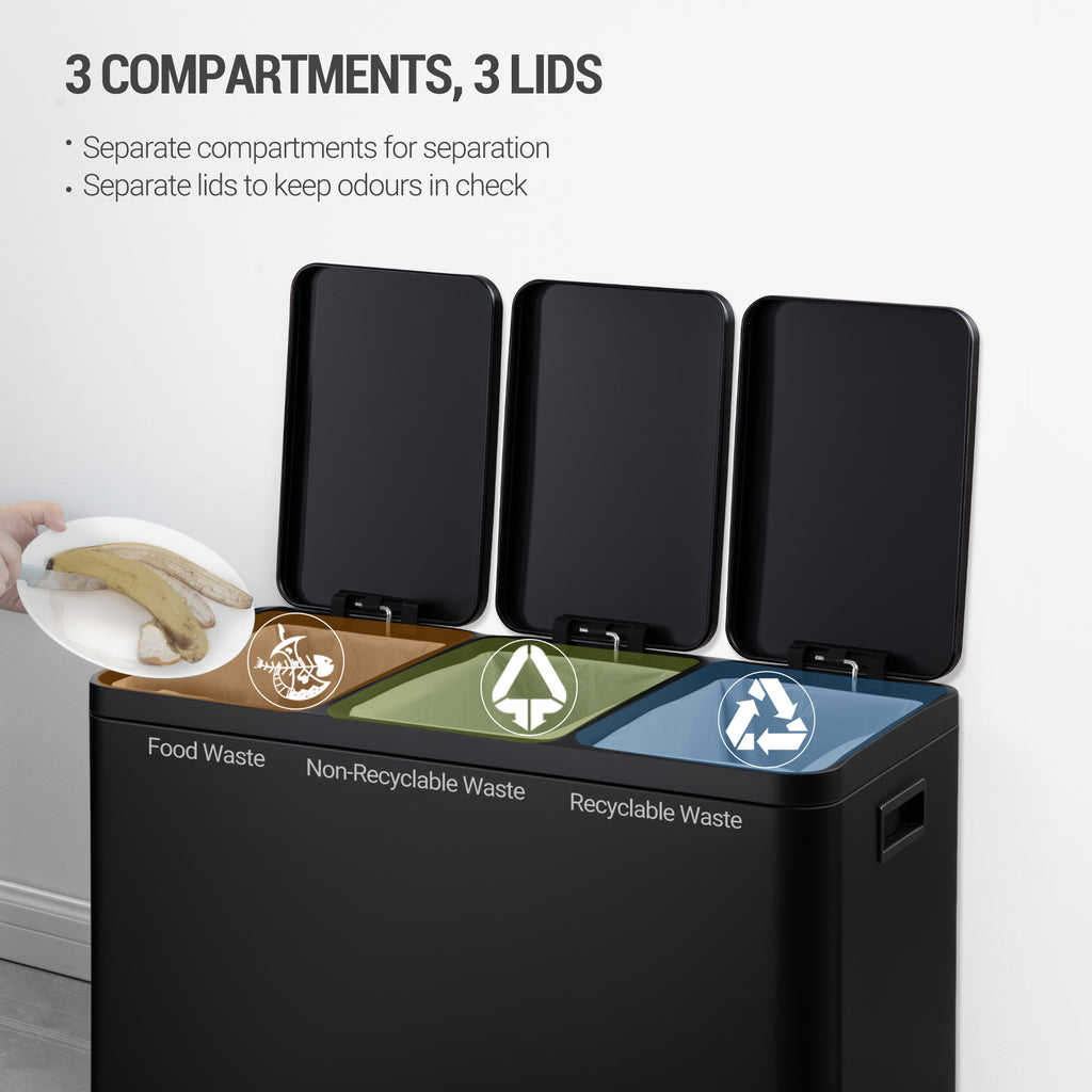 Hzuaneri Kitchen Bin, 45L (3 x 15L), Recycling Bin with 3 Compartments, Color-Coded Pedal Bins, Quiet and Slow-Close, with 15 Bin Bags, for Kitchen, Black SW04599B
