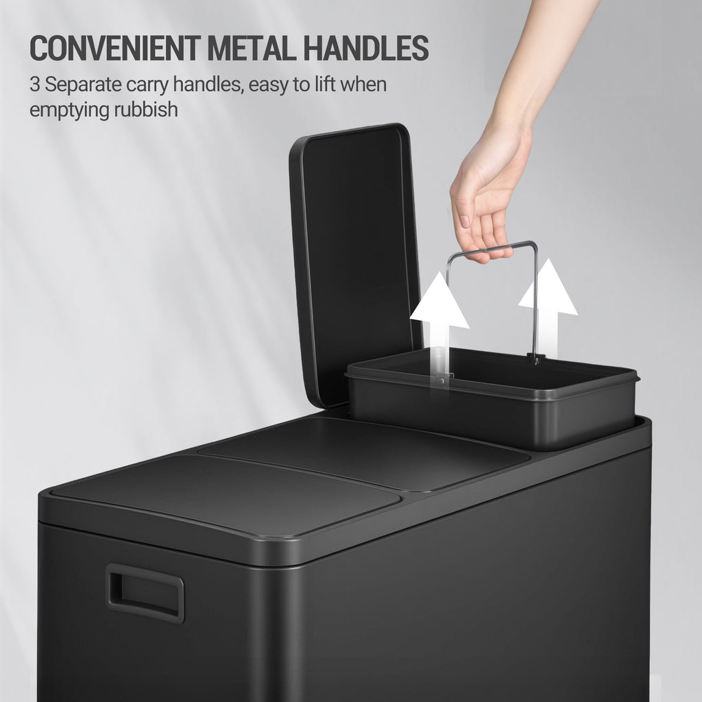 Hzuaneri Kitchen Bin, 45L (3 x 15L), Recycling Bin with 3 Compartments, Color-Coded Pedal Bins, Quiet and Slow-Close, with 15 Bin Bags, for Kitchen, Black SW04599B