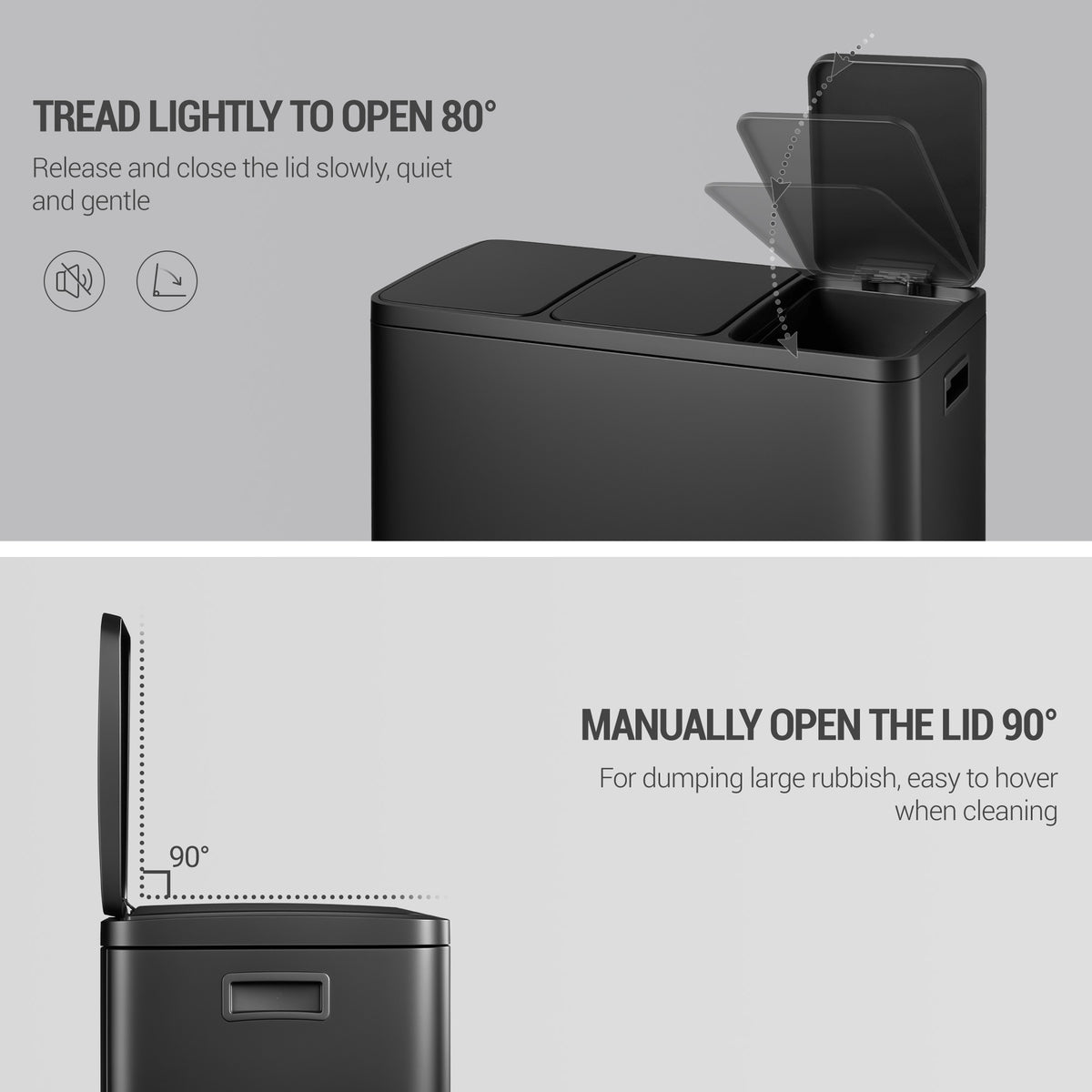 Hzuaneri Kitchen Bin, 45L (3 x 15L), Recycling Bin with 3 Compartments, Color-Coded Pedal Bins, Quiet and Slow-Close, with 15 Bin Bags, for Kitchen, Black SW04599B