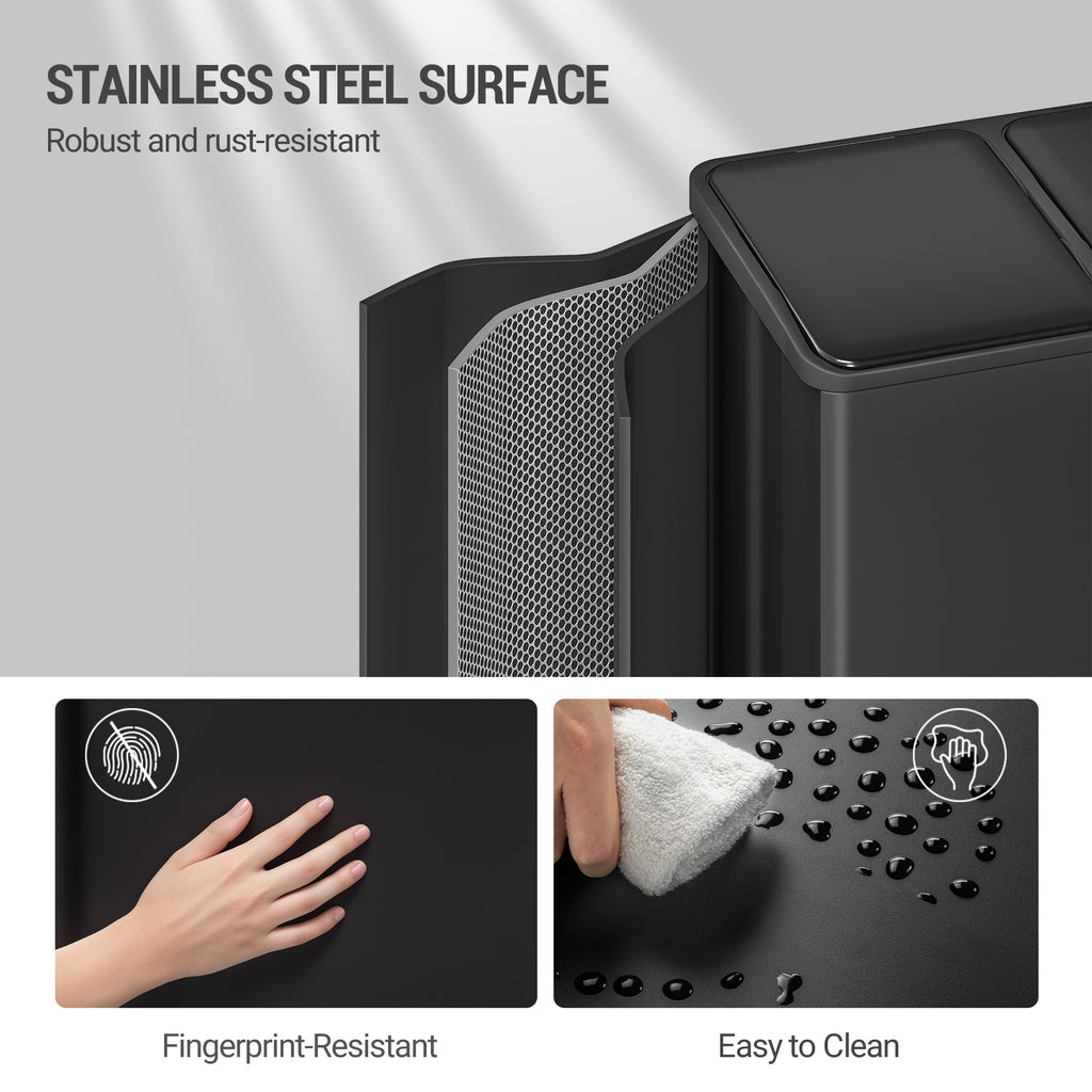 Hzuaneri Kitchen Bin, 45L (3 x 15L), Recycling Bin with 3 Compartments, Color-Coded Pedal Bins, Quiet and Slow-Close, with 15 Bin Bags, for Kitchen, Black SW04599B