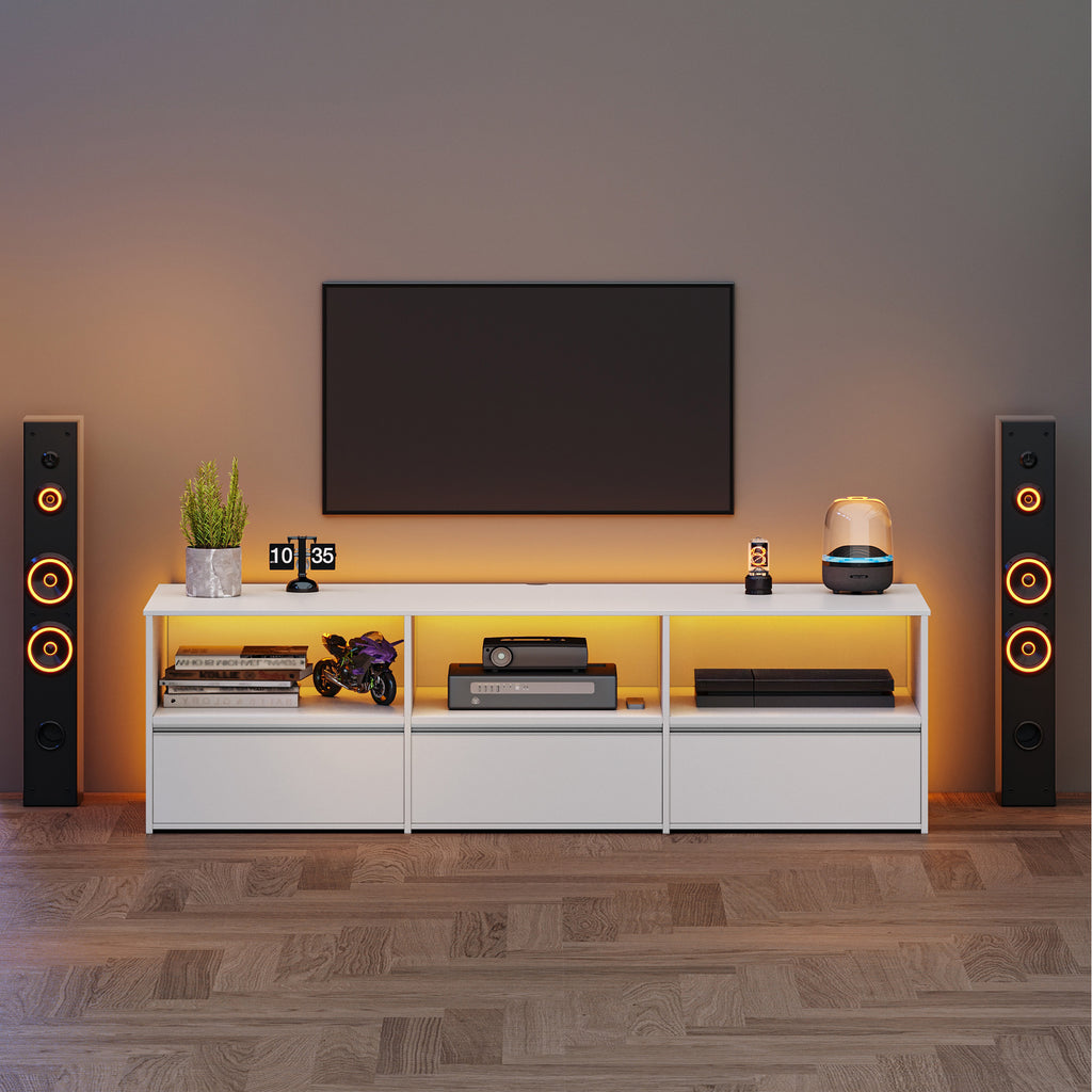 Hzuaneri TV Cabinet with RGB LED Lighting (25 Colours), TV Cabinet for TVs up to 65 Inches 143.5 Long, TV Board with 3 Drawers, 3 Open Compartments for Living Room, Bedroom, White TV16503W