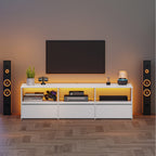 Hzuaneri TV Cabinet with RGB LED Lighting (25 Colours), TV Cabinet for TVs up to 65 Inches 143.5 Long, TV Board with 3 Drawers, 3 Open Compartments for Living Room, Bedroom, White TV16503W