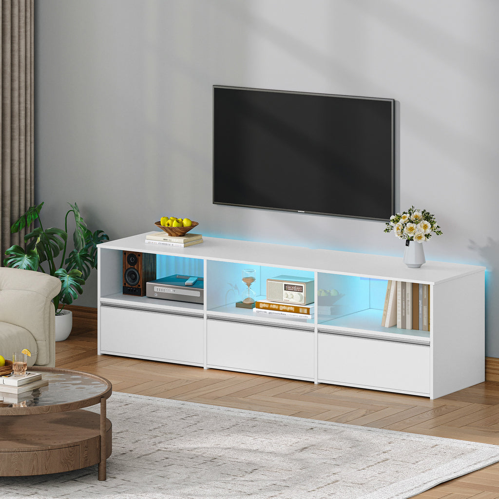 Hzuaneri TV Cabinet with RGB LED Lighting (25 Colours), TV Cabinet for TVs up to 65 Inches 143.5 Long, TV Board with 3 Drawers, 3 Open Compartments for Living Room, Bedroom, White TV16503W