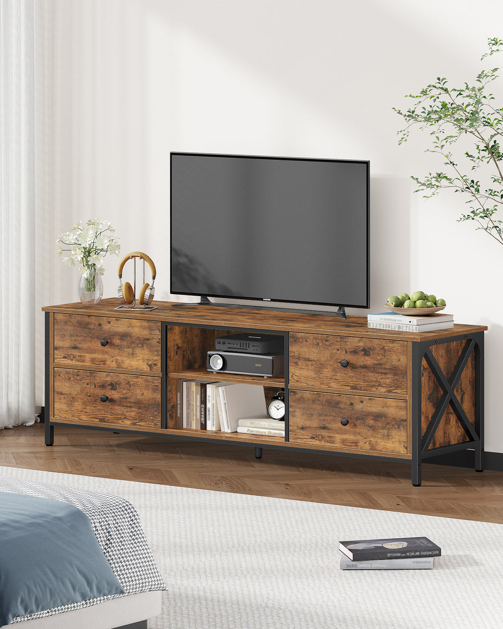 Hzuaneri TV cabinet with 4 drawers, TV stand for TVs under 65 inches, with 2 open compartments, 40 x 147 x 50 cm, TV cabinet for living room, bedroom, vintage brown-black TV16801B