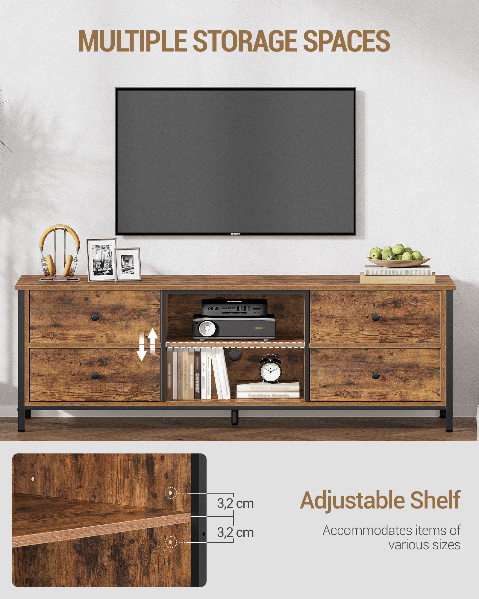Hzuaneri TV cabinet with 4 drawers, TV stand for TVs under 65 inches, with 2 open compartments, 40 x 147 x 50 cm, TV cabinet for living room, bedroom, vintage brown-black TV16801B