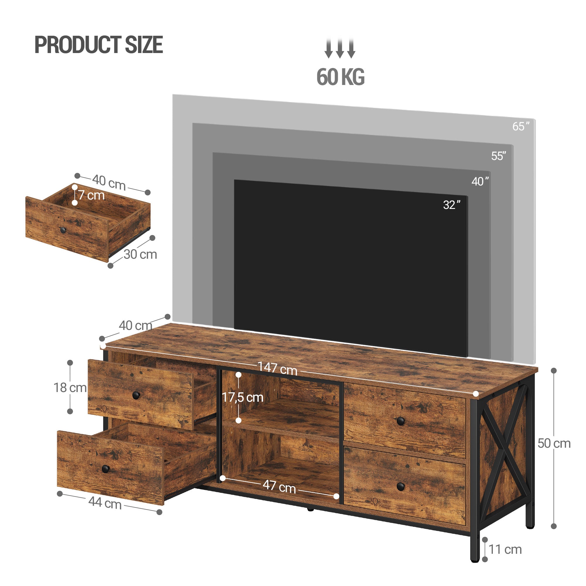 Hzuaneri TV cabinet with 4 drawers, TV stand for TVs under 65 inches, with 2 open compartments, 40 x 147 x 50 cm, TV cabinet for living room, bedroom, vintage brown-black TV16801B