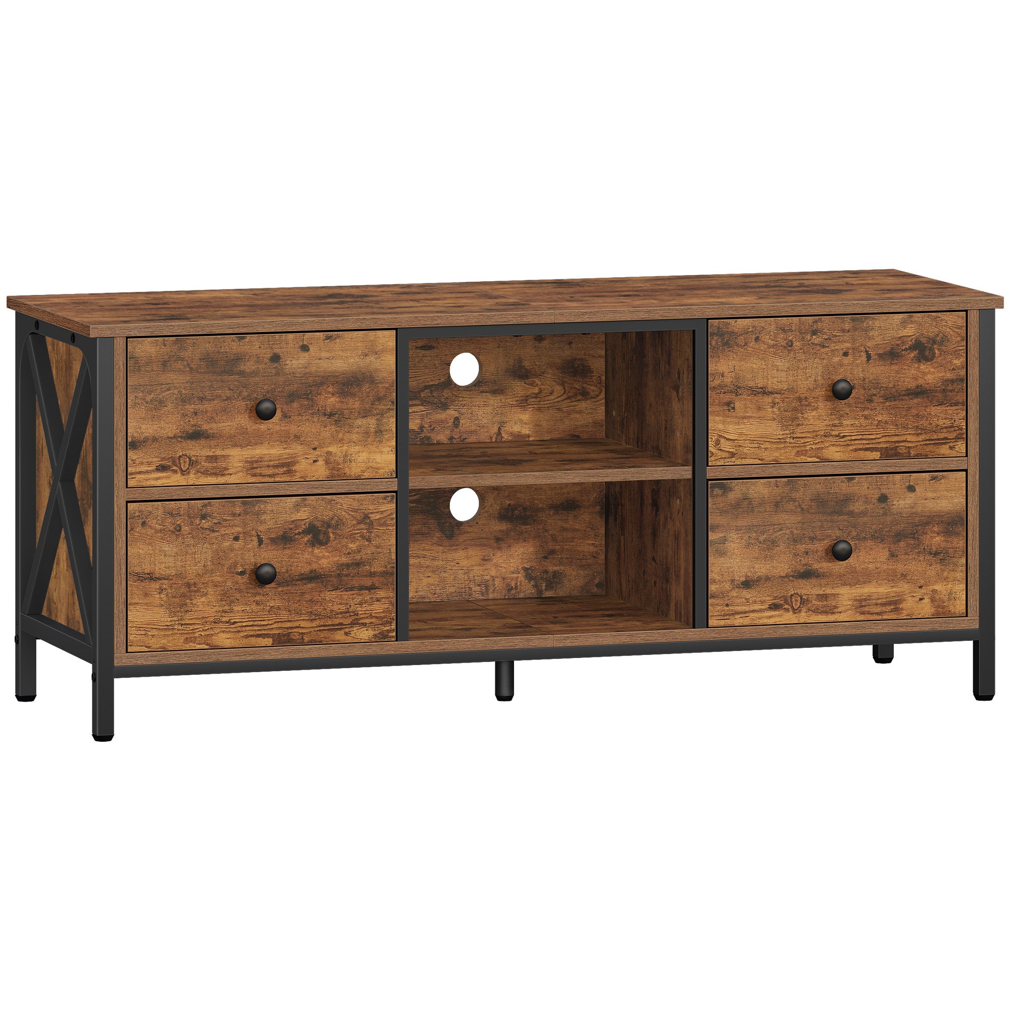 Hzuaneri TV cabinet with 4 drawers, TV stand for TVs under 55 inches, with 2 open compartments, 40 x 120 x 50 cm, TV cabinet for living room, bedroom, vintage brown-black TV16901B