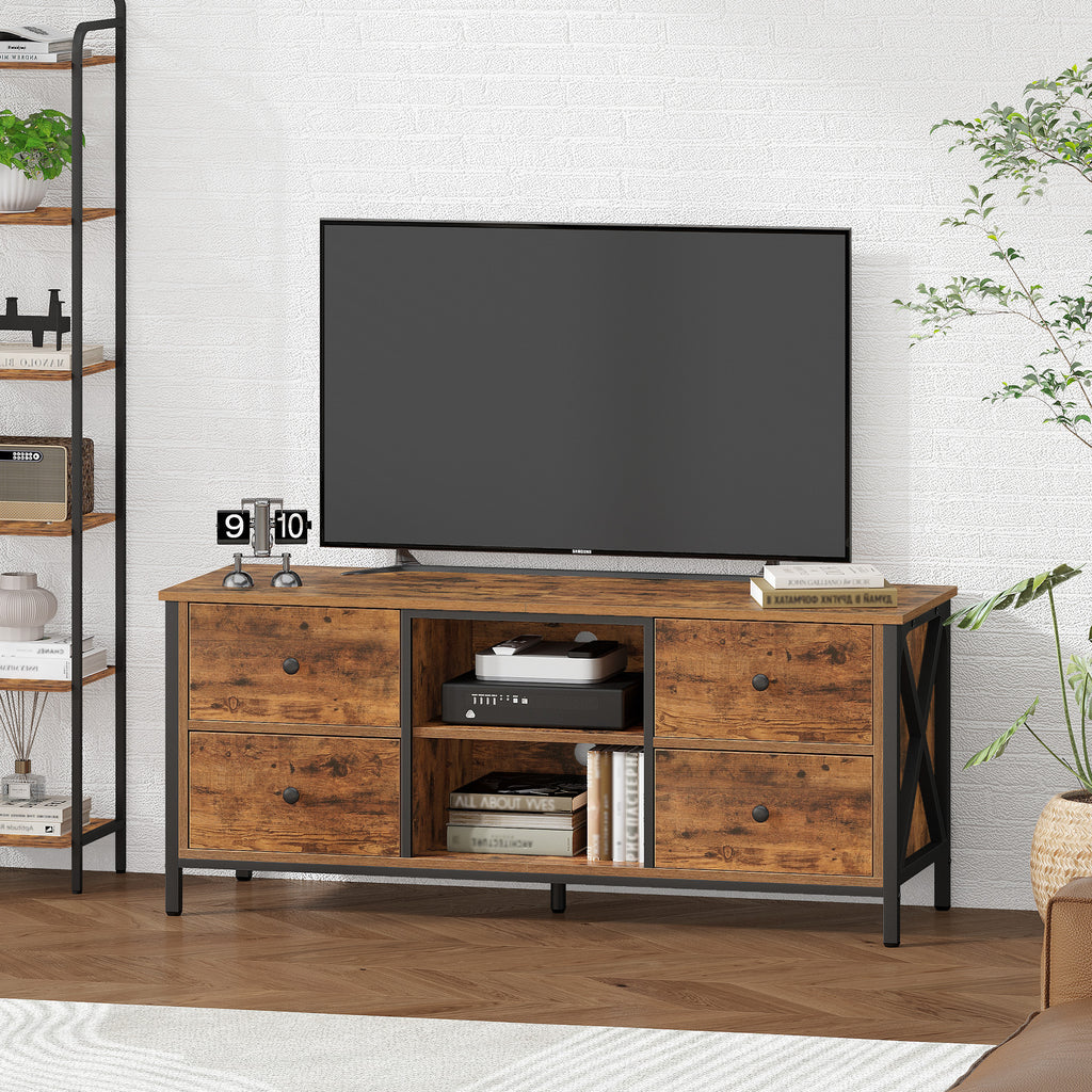Hzuaneri TV cabinet with 4 drawers, TV stand for TVs under 55 inches, with 2 open compartments, 40 x 120 x 50 cm, TV cabinet for living room, bedroom, vintage brown-black TV16901B