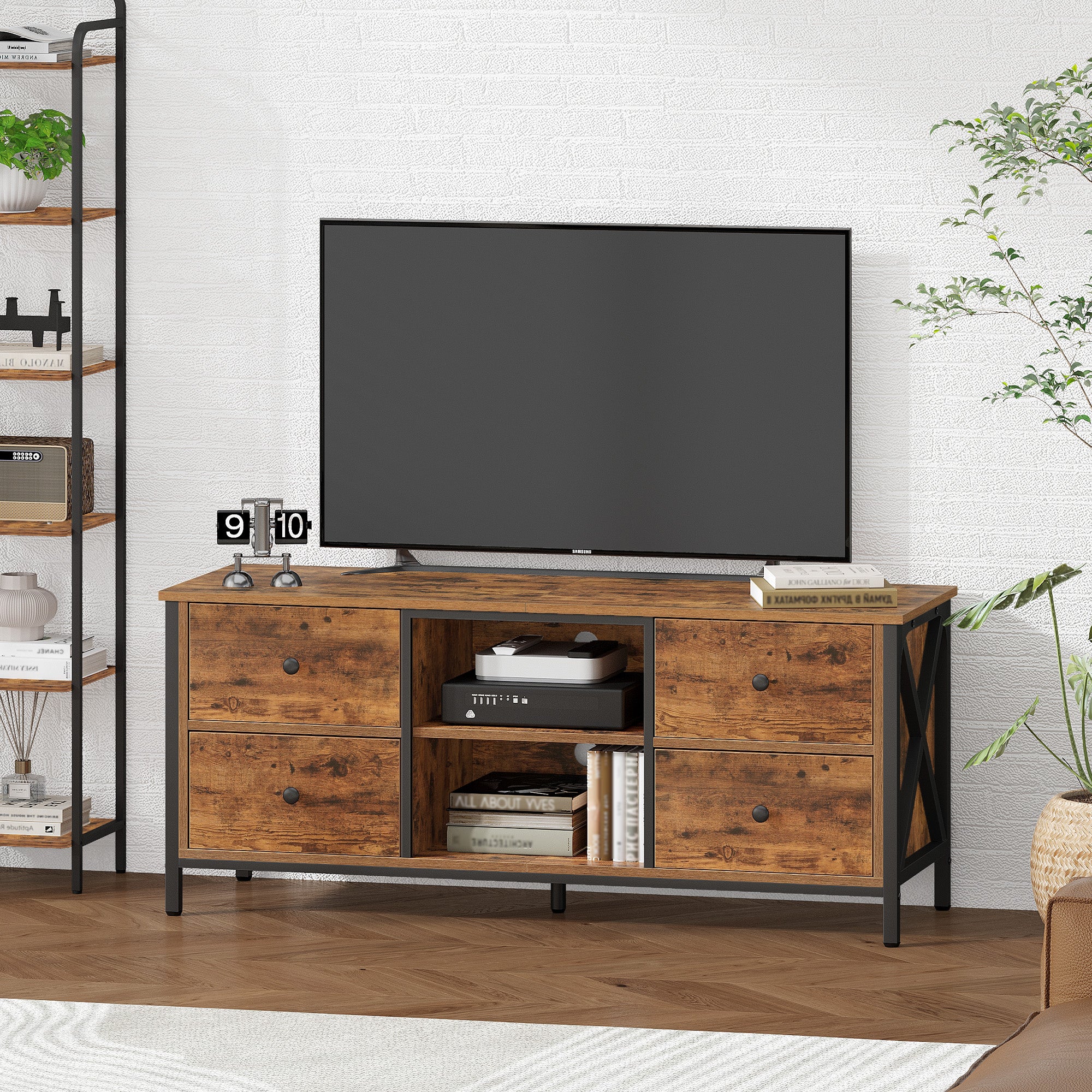 Hzuaneri TV cabinet with 4 drawers, TV stand for TVs under 55 inches, with 2 open compartments, 40 x 120 x 50 cm, TV cabinet for living room, bedroom, vintage brown-black TV16901B