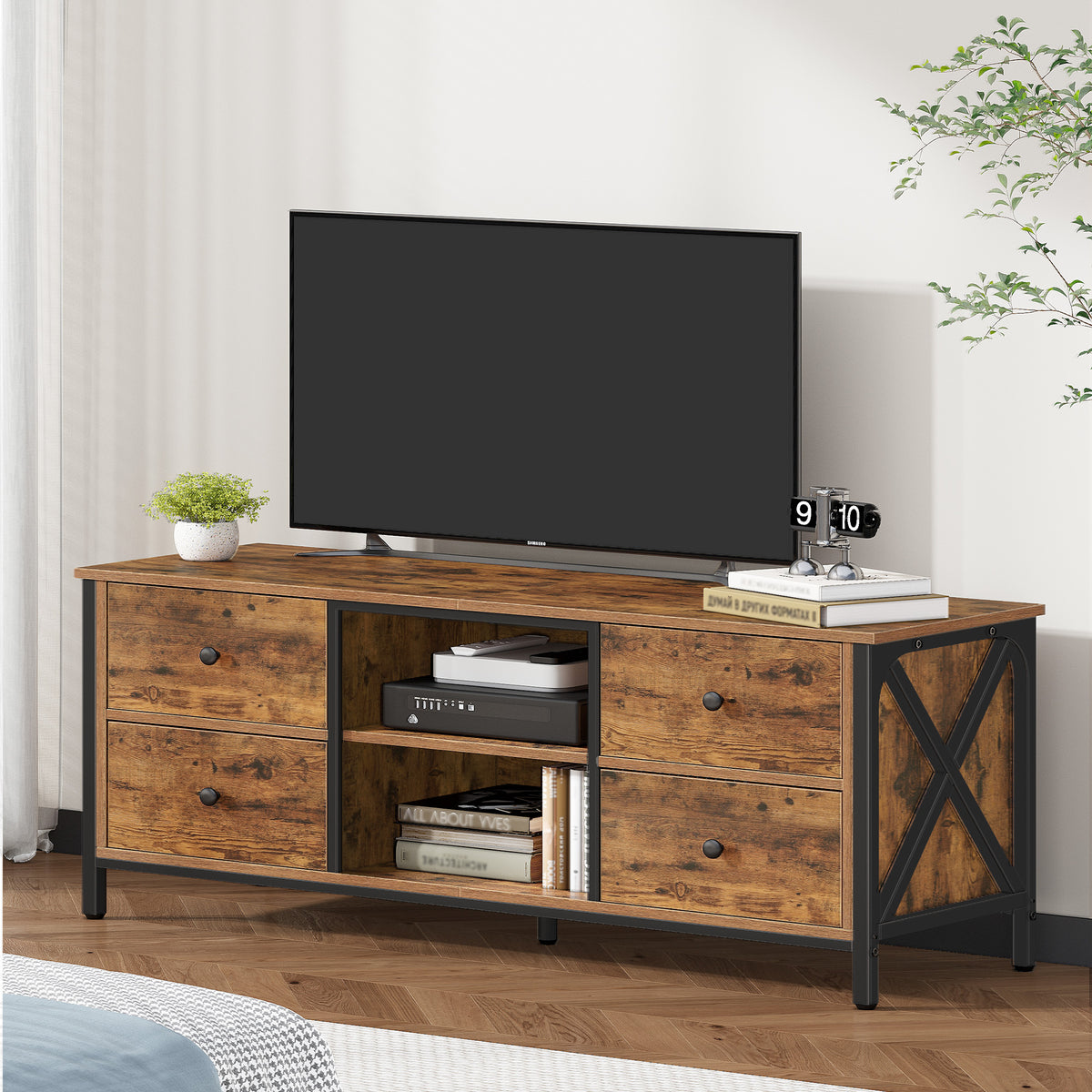 Hzuaneri TV cabinet with 4 drawers, TV stand for TVs under 55 inches, with 2 open compartments, 40 x 120 x 50 cm, TV cabinet for living room, bedroom, vintage brown-black TV16901B
