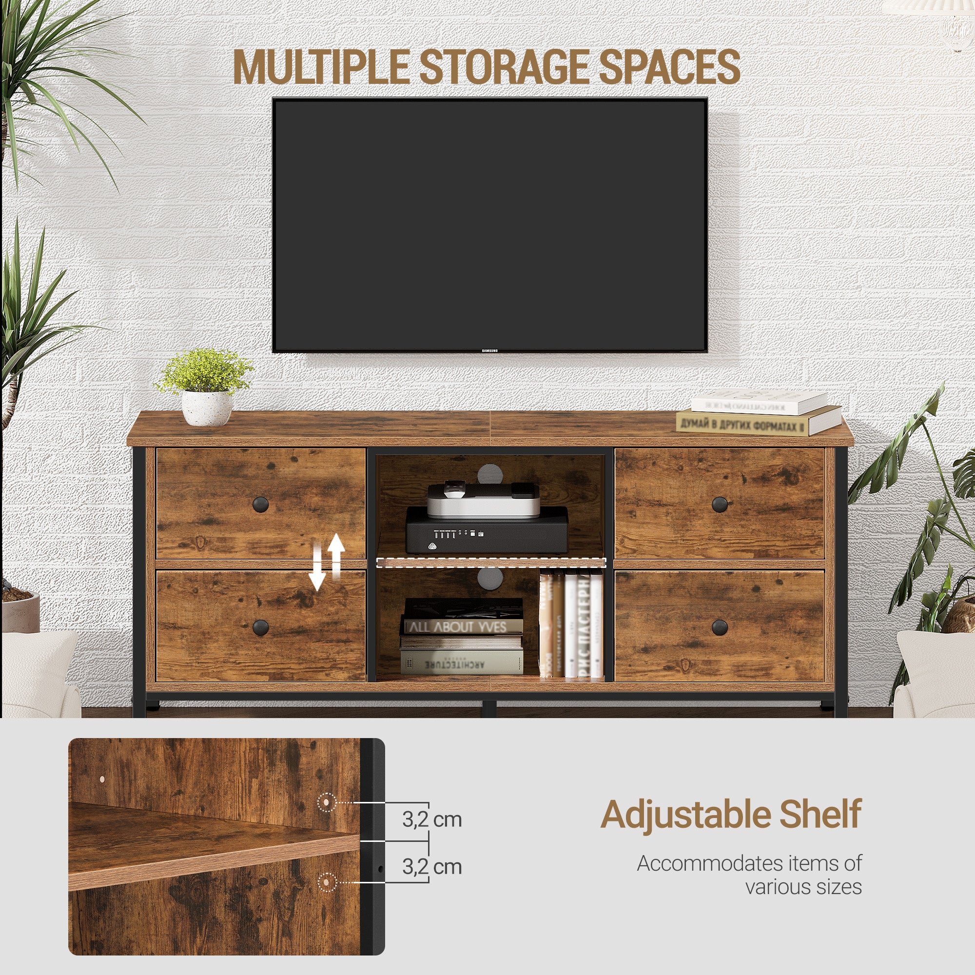 Hzuaneri TV cabinet with 4 drawers, TV stand for TVs under 55 inches, with 2 open compartments, 40 x 120 x 50 cm, TV cabinet for living room, bedroom, vintage brown-black TV16901B