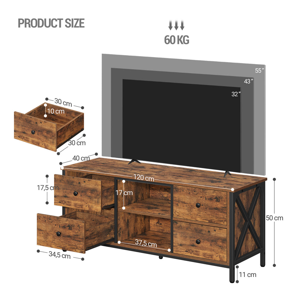 Hzuaneri TV cabinet with 4 drawers, TV stand for TVs under 55 inches, with 2 open compartments, 40 x 120 x 50 cm, TV cabinet for living room, bedroom, vintage brown-black TV16901B
