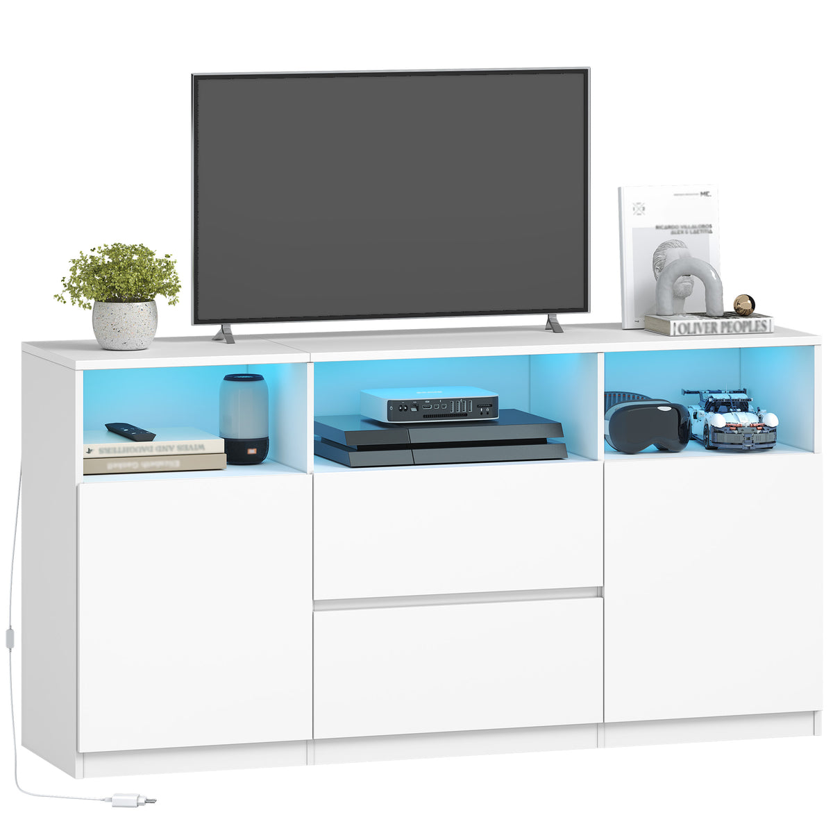 Hzuaneri TV cabinet with RGB LED lighting (25 colors), TV stand for TVs up to 65 inches, sideboard with 2 drawers and 3 open compartments, for living room and bedroom, white TV17003X