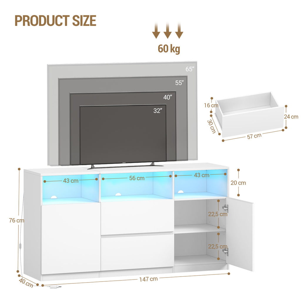 Hzuaneri TV cabinet with RGB LED lighting (25 colors), TV stand for TVs up to 65 inches, sideboard with 2 drawers and 3 open compartments, for living room and bedroom, white TV17003X
