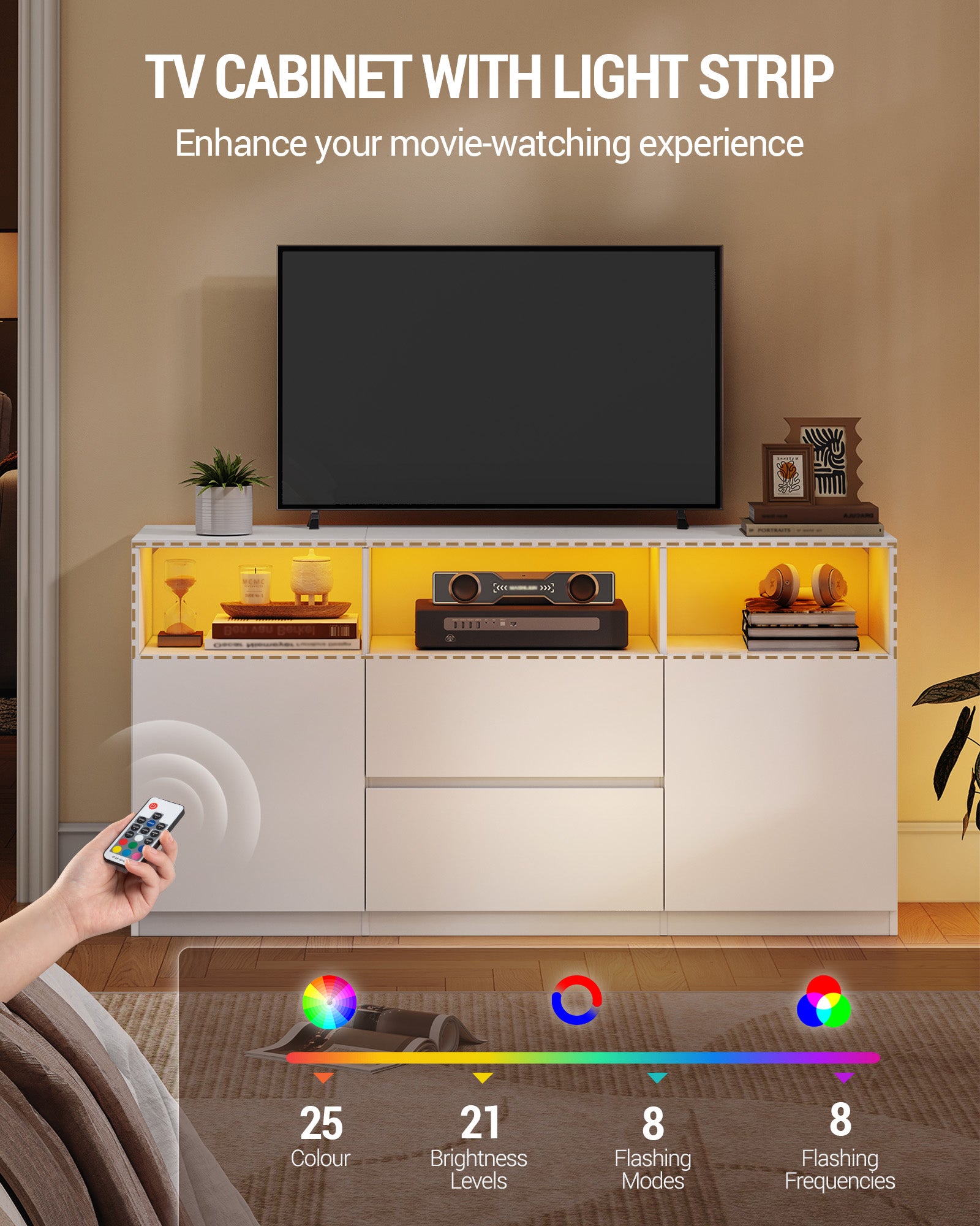 Hzuaneri TV cabinet with RGB LED lighting (25 colors), TV stand for TVs up to 65 inches, sideboard with 2 drawers and 3 open compartments, for living room and bedroom, white TV17003X