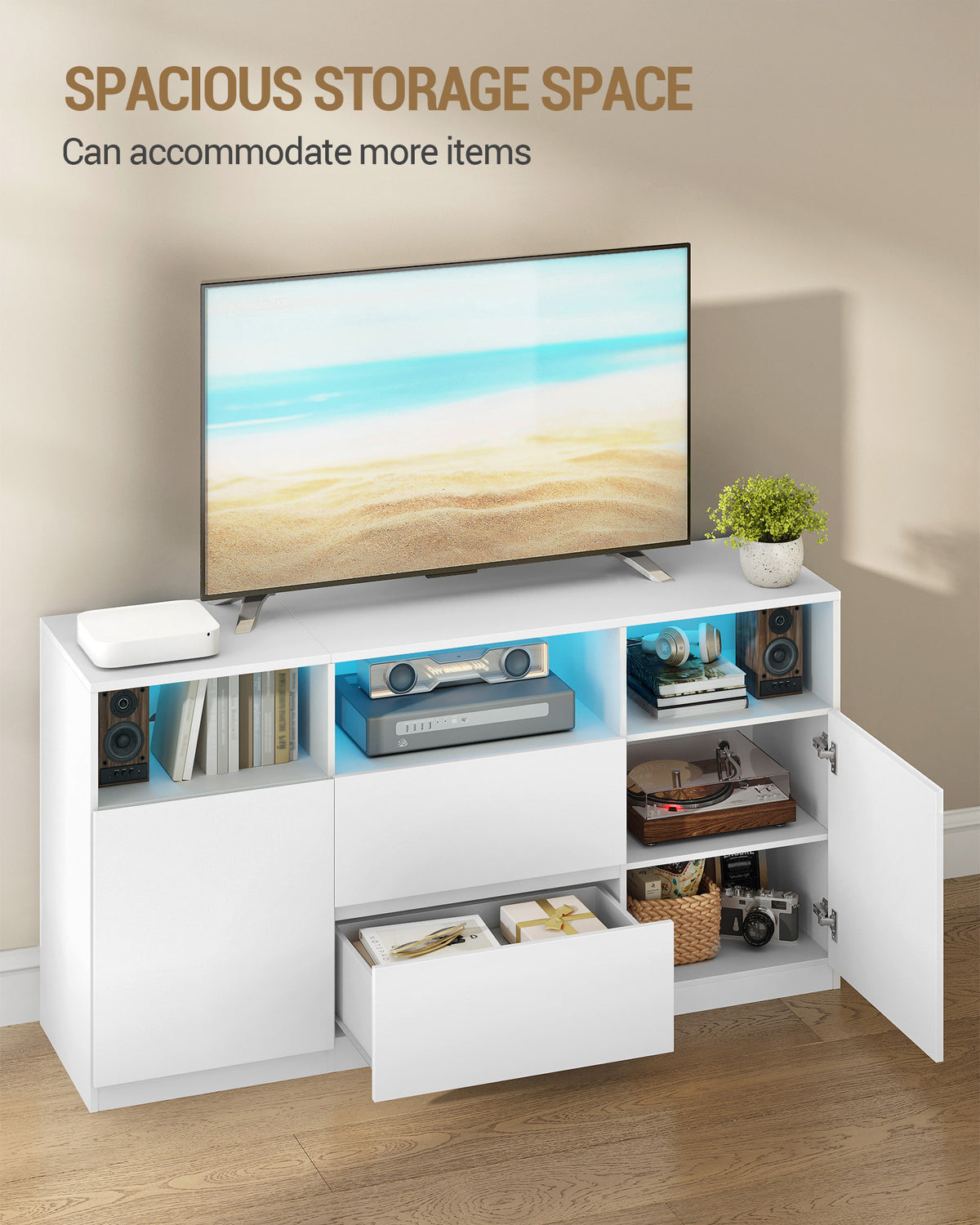 Hzuaneri TV cabinet with RGB LED lighting (25 colors), TV stand for TVs up to 65 inches, sideboard with 2 drawers and 3 open compartments, for living room and bedroom, white TV17003X