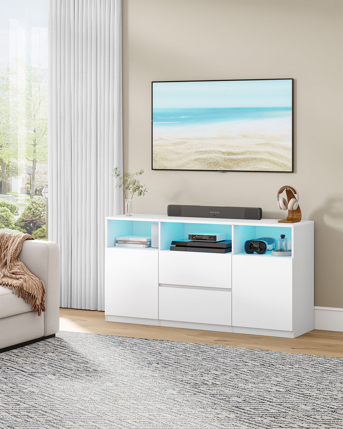 Hzuaneri TV cabinet with RGB LED lighting (25 colors), TV stand for TVs up to 65 inches, sideboard with 2 drawers and 3 open compartments, for living room and bedroom, white TV17003X