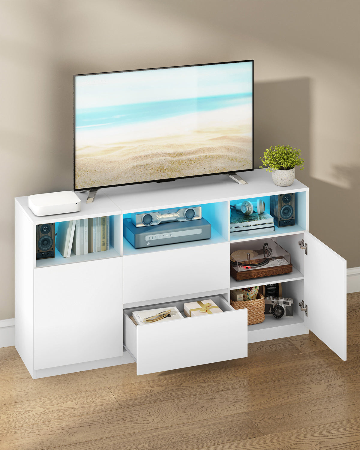 Hzuaneri TV cabinet with RGB LED lighting (25 colors), TV stand for TVs up to 65 inches, sideboard with 2 drawers and 3 open compartments, for living room and bedroom, white TV17003X