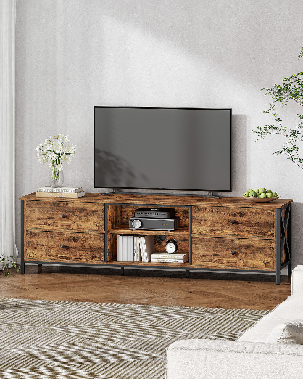 Hzuaneri TV cabinet with 4 drawers, TV stand for TVs under 80 inches, with 2 open compartments, 40 x 178 x 50 cm, TV cabinet for living room, bedroom, vintage brown-black,TV17801B