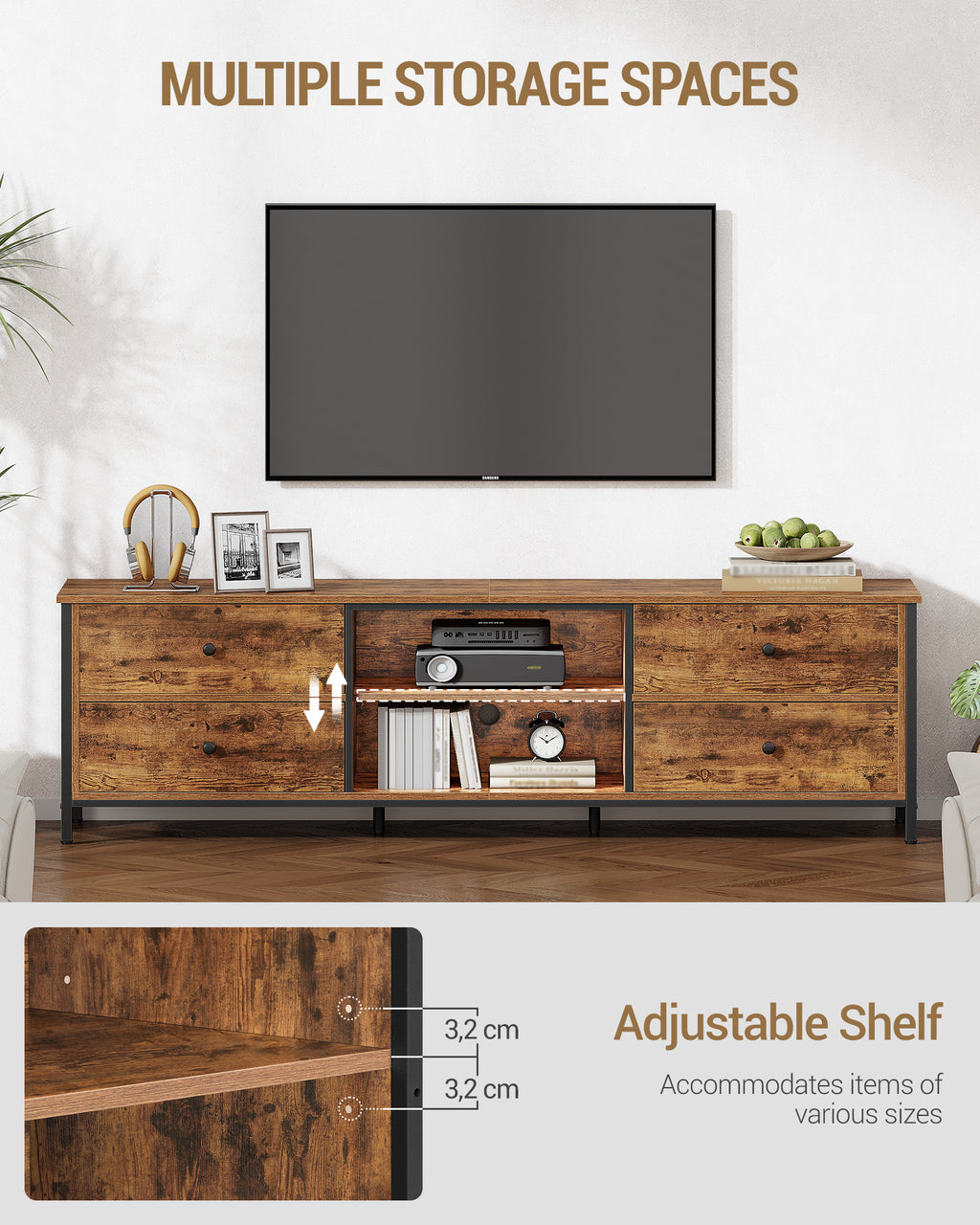 Hzuaneri TV cabinet with 4 drawers, TV stand for TVs under 80 inches, with 2 open compartments, 40 x 178 x 50 cm, TV cabinet for living room, bedroom, vintage brown-black,TV17801B