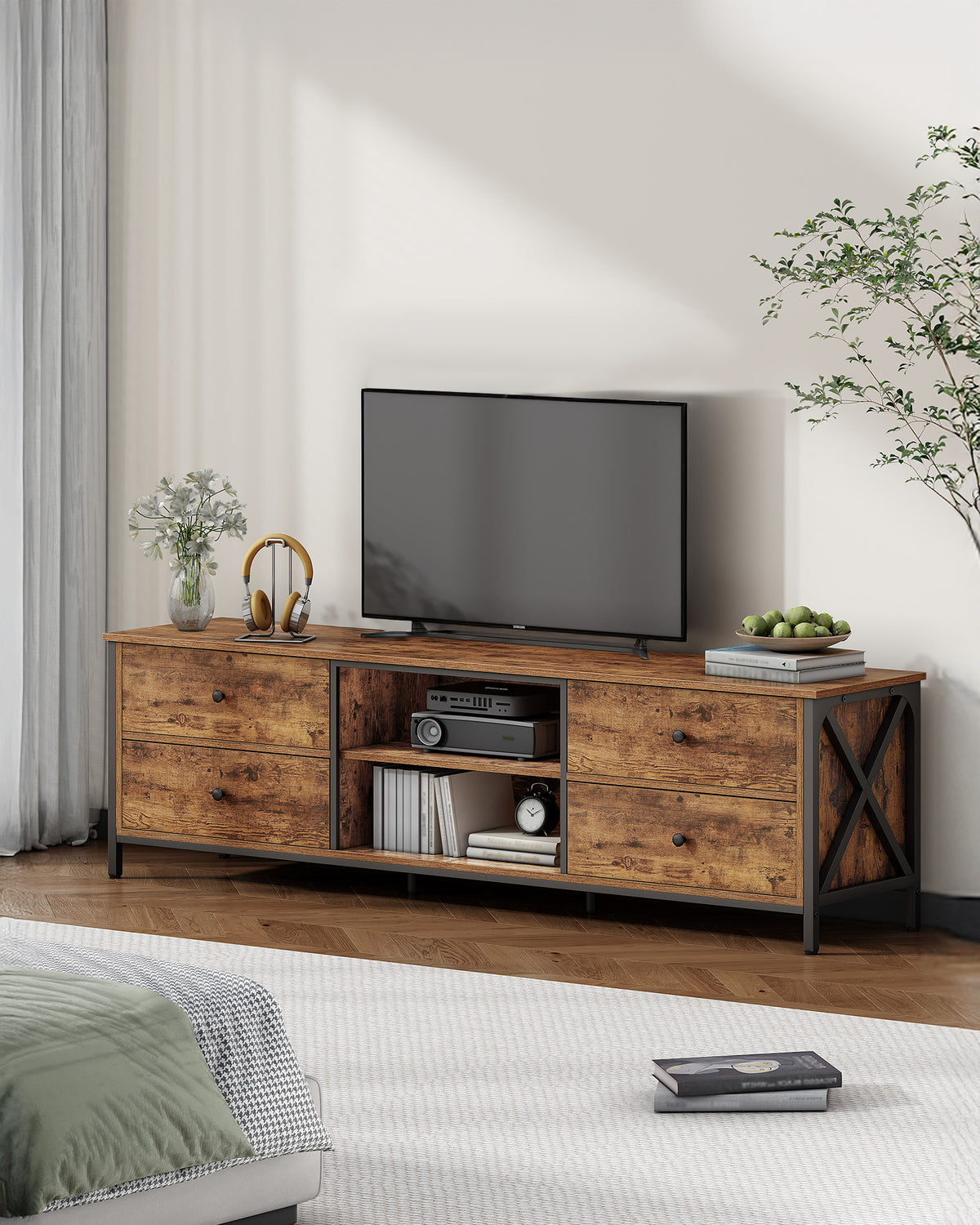 Hzuaneri TV cabinet with 4 drawers, TV stand for TVs under 80 inches, with 2 open compartments, 40 x 178 x 50 cm, TV cabinet for living room, bedroom, vintage brown-black,TV17801B