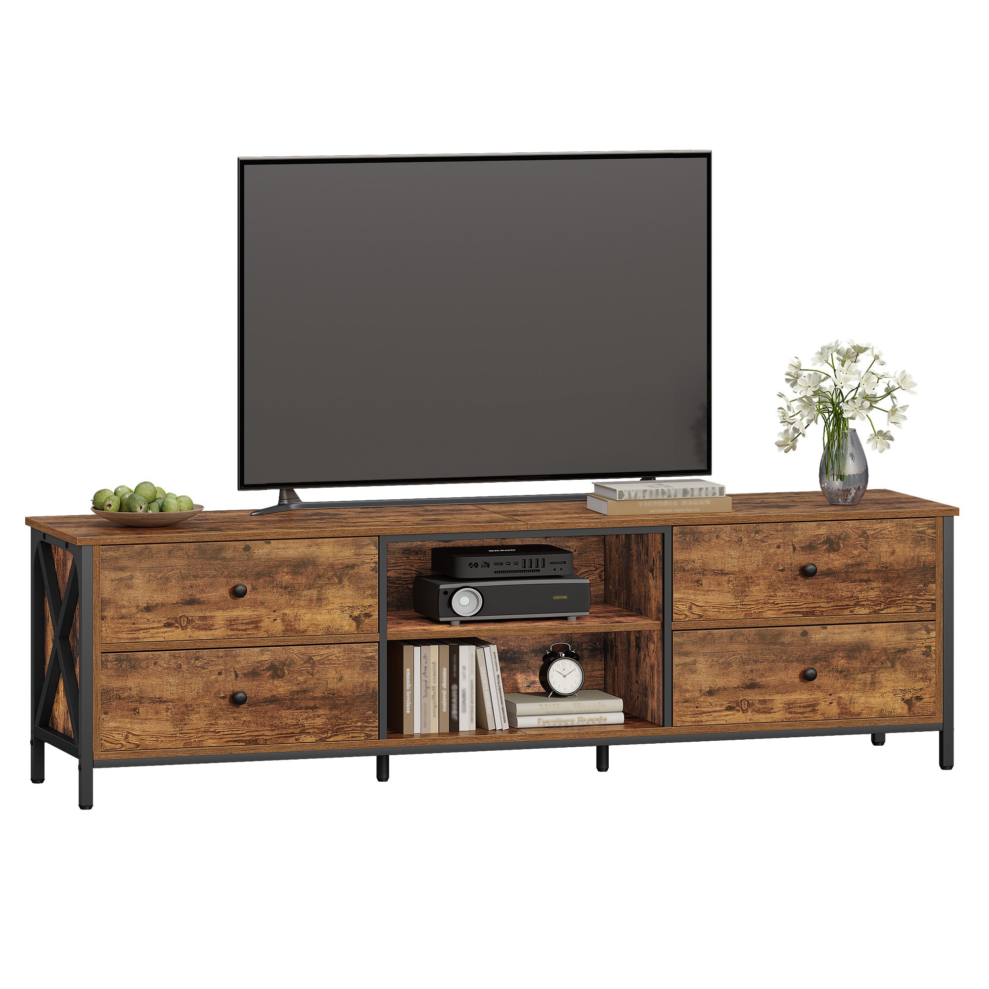 Hzuaneri TV cabinet with 4 drawers, TV stand for TVs under 80 inches, with 2 open compartments, 40 x 178 x 50 cm, TV cabinet for living room, bedroom, vintage brown-black,TV17801B