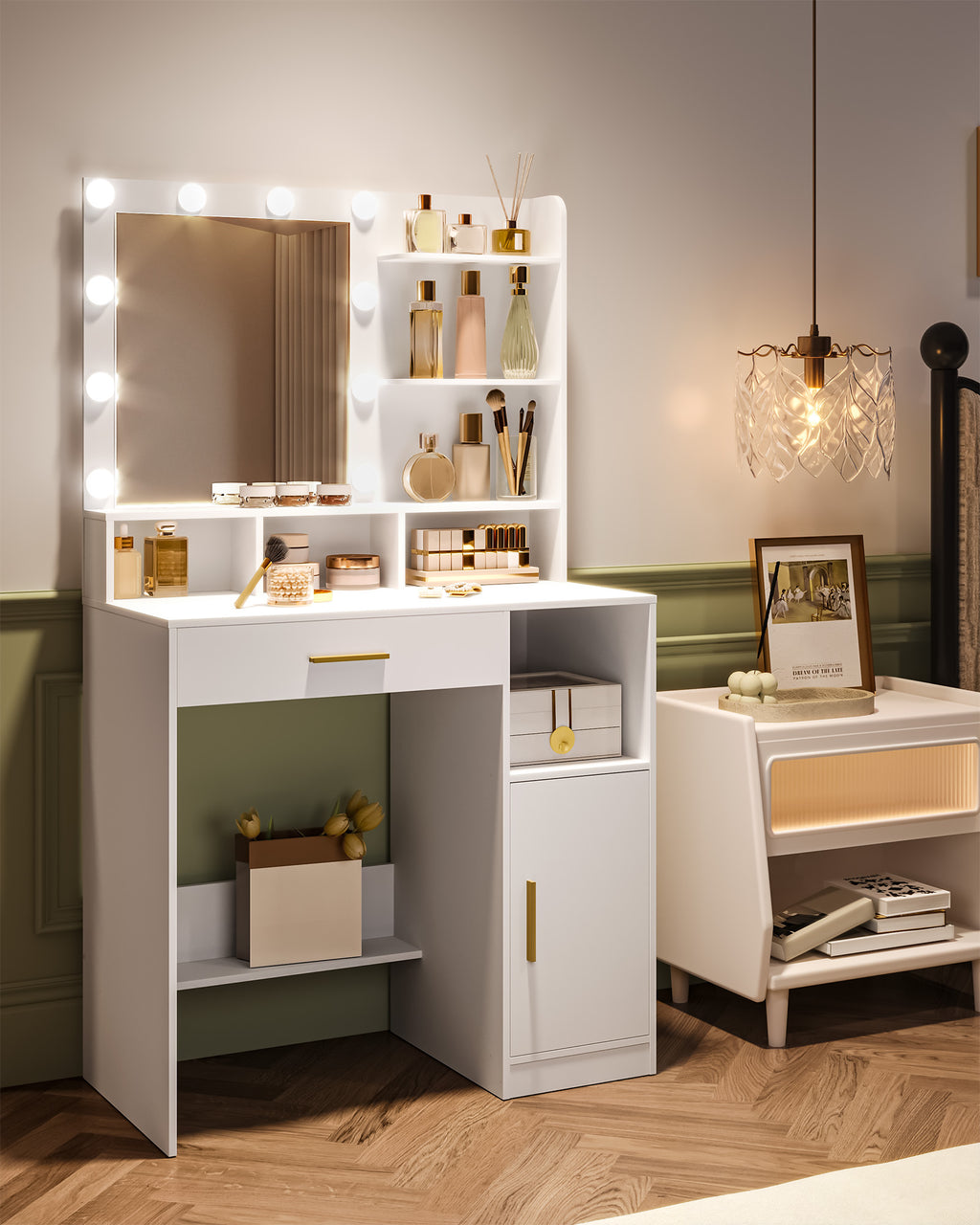 Hzuaneri Dressing Table with 10 LED Lights & Mirror, Large Storage Drawer & Cabinet, 3 Color Modes Vanity Desk