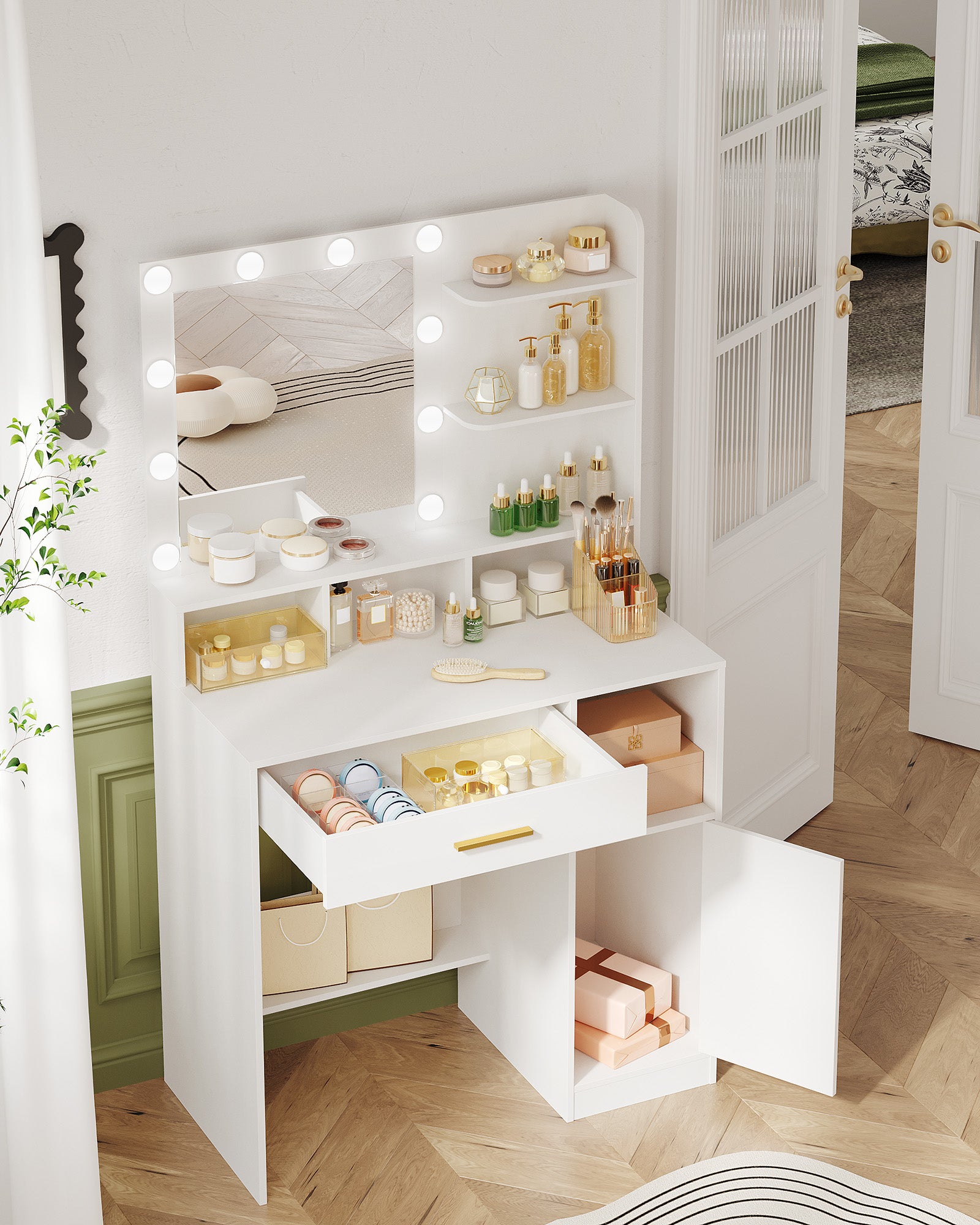Hzuaneri Dressing Table with 10 LED Lights & Mirror, Large Storage Drawer & Cabinet, 3 Color Modes Vanity Desk