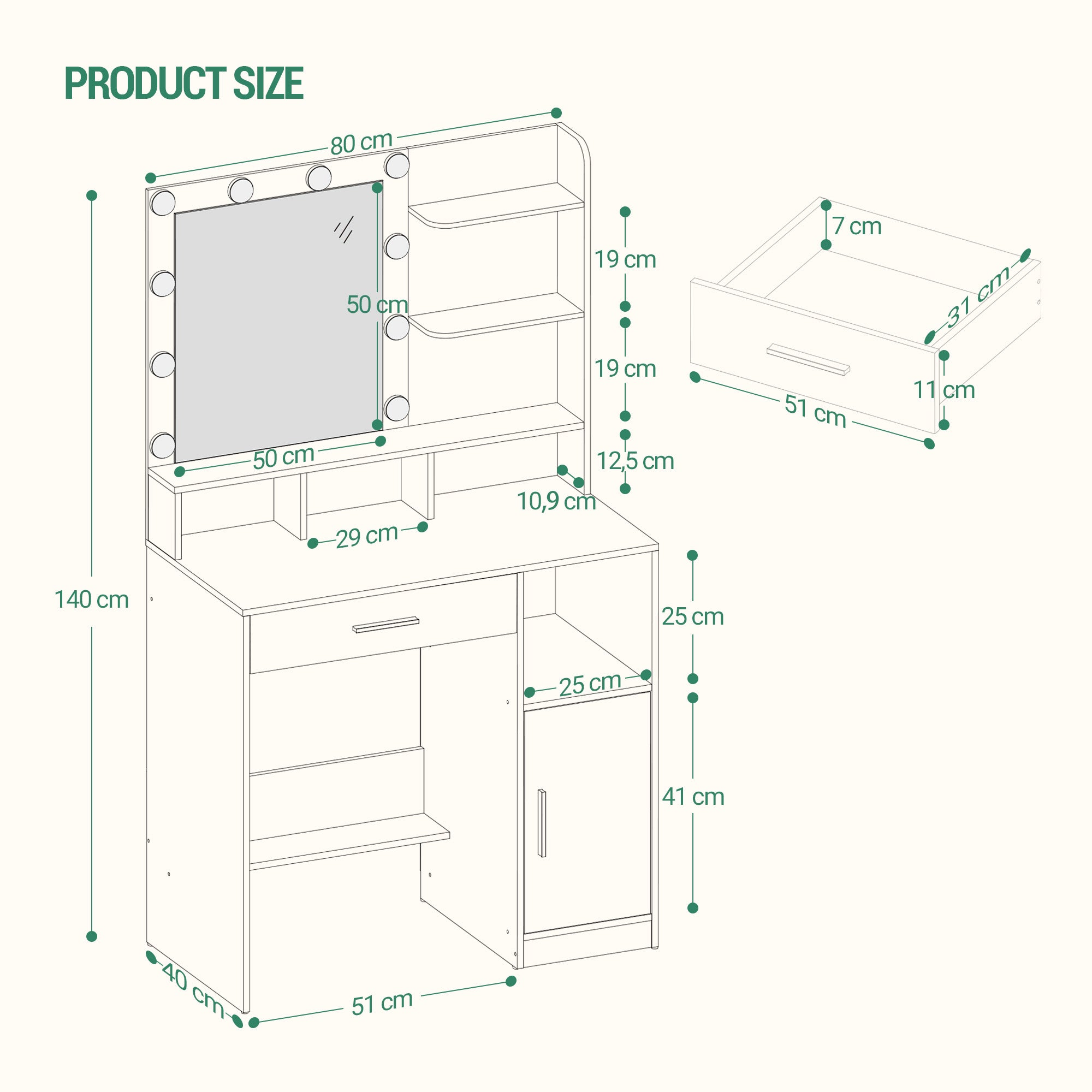 Hzuaneri Dressing Table with 10 LED Lights & Mirror, Large Storage Drawer & Cabinet, 3 Color Modes Vanity Desk