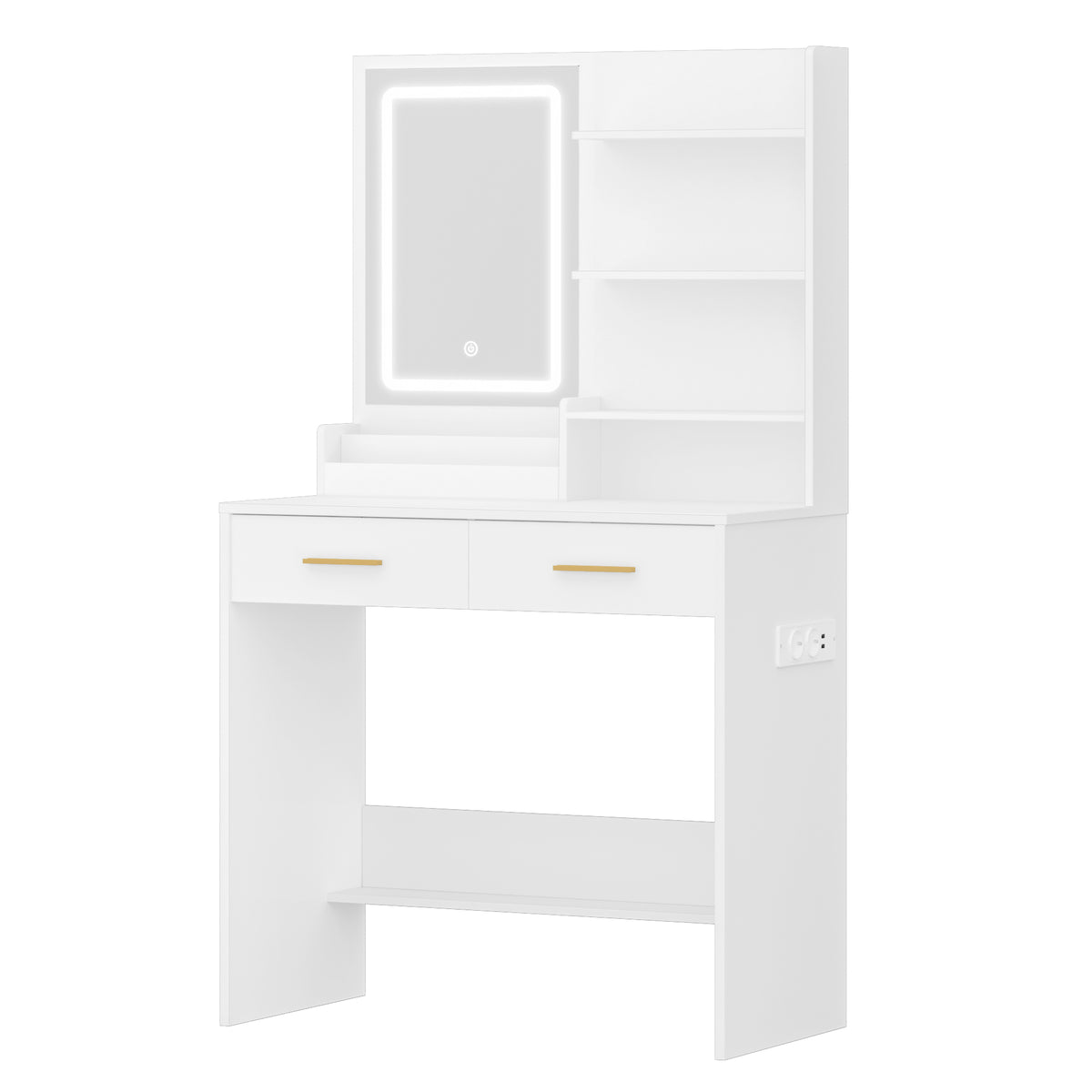 Hzuaneri Dressing Table with LED Light, 2 AC Outlets and 2 USB, with 2 Drawers and 4 Open Compartments, Storage Compartment, for Bedroom, Living Room, Bathroom, Modern Style, White VT32003X