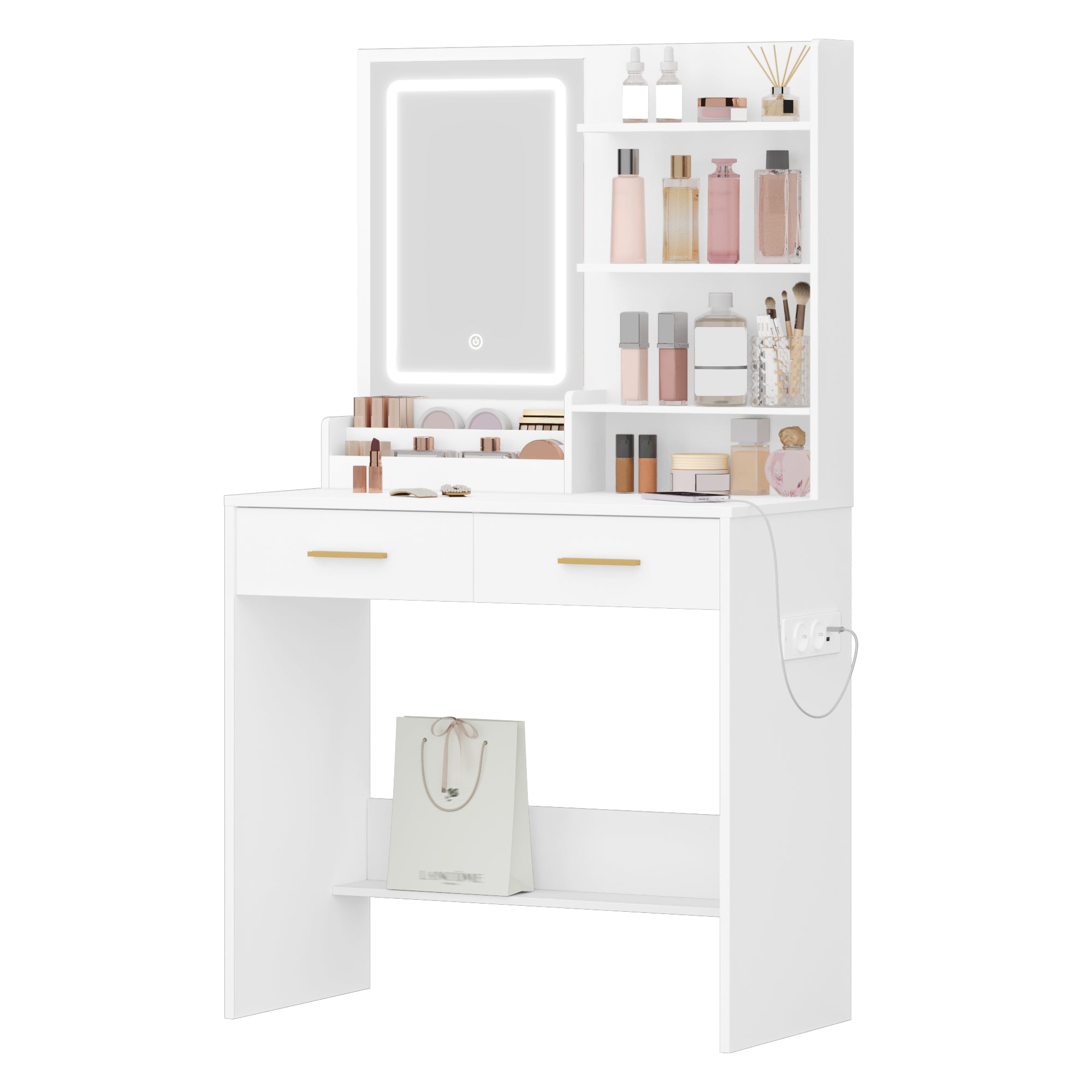 Hzuaneri Dressing Table with LED Light, 2 AC Outlets and 2 USB, with 2 Drawers and 4 Open Compartments, Storage Compartment, for Bedroom, Living Room, Bathroom, Modern Style, White VT32003X