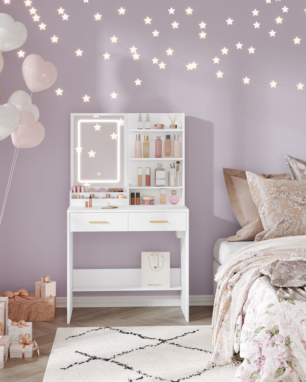 Hzuaneri Dressing Table with LED Light, 2 AC Outlets and 2 USB, with 2 Drawers and 4 Open Compartments, Storage Compartment, for Bedroom, Living Room, Bathroom, Modern Style, White VT32003X