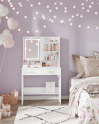 Hzuaneri Dressing Table with LED Light, 2 AC Outlets and 2 USB, with 2 Drawers and 4 Open Compartments, Storage Compartment, for Bedroom, Living Room, Bathroom, Modern Style, White VT32003X