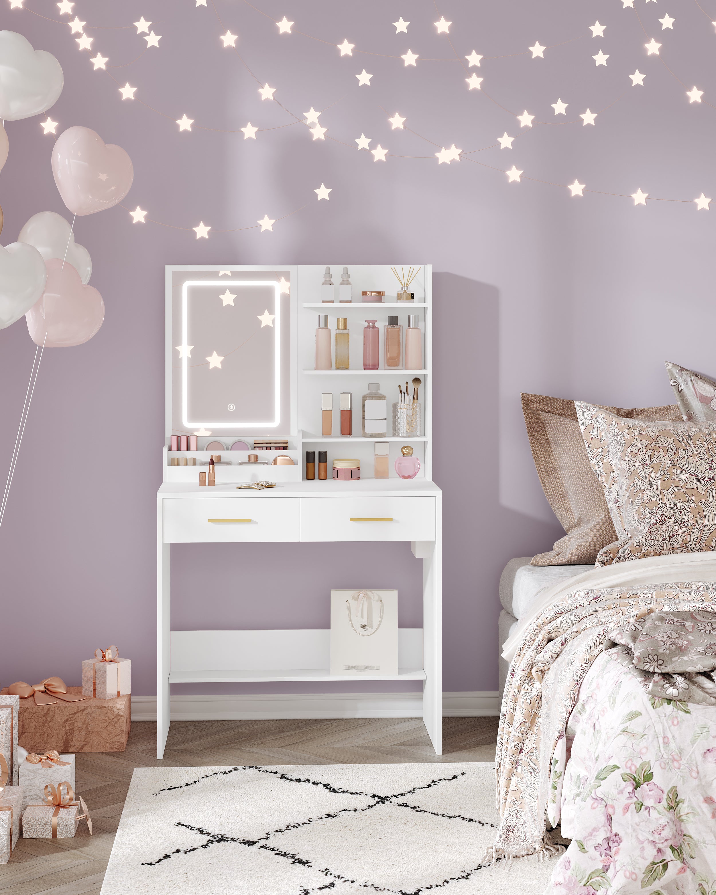 Hzuaneri Dressing Table with LED Light, 2 AC Outlets and 2 USB, with 2 Drawers and 4 Open Compartments, Storage Compartment, for Bedroom, Living Room, Bathroom, Modern Style, White VT32003X