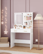 Hzuaneri Dressing Table with LED Light, 2 AC Outlets and 2 USB, with 2 Drawers and 4 Open Compartments, Storage Compartment, for Bedroom, Living Room, Bathroom, Modern Style, White VT32003X