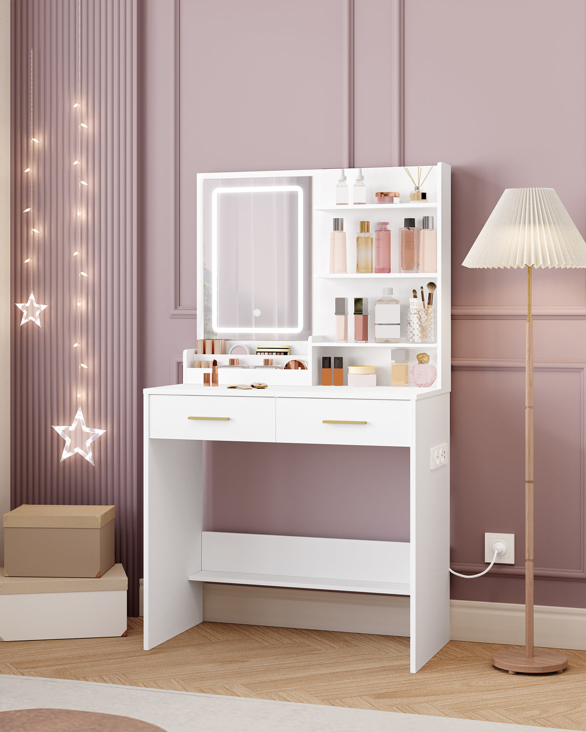 Hzuaneri Dressing Table with LED Light, 2 AC Outlets and 2 USB, with 2 Drawers and 4 Open Compartments, Storage Compartment, for Bedroom, Living Room, Bathroom, Modern Style, White VT32003X
