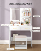 Hzuaneri Dressing Table with LED Light, 2 AC Outlets and 2 USB, with 2 Drawers and 4 Open Compartments, Storage Compartment, for Bedroom, Living Room, Bathroom, Modern Style, White VT32003X