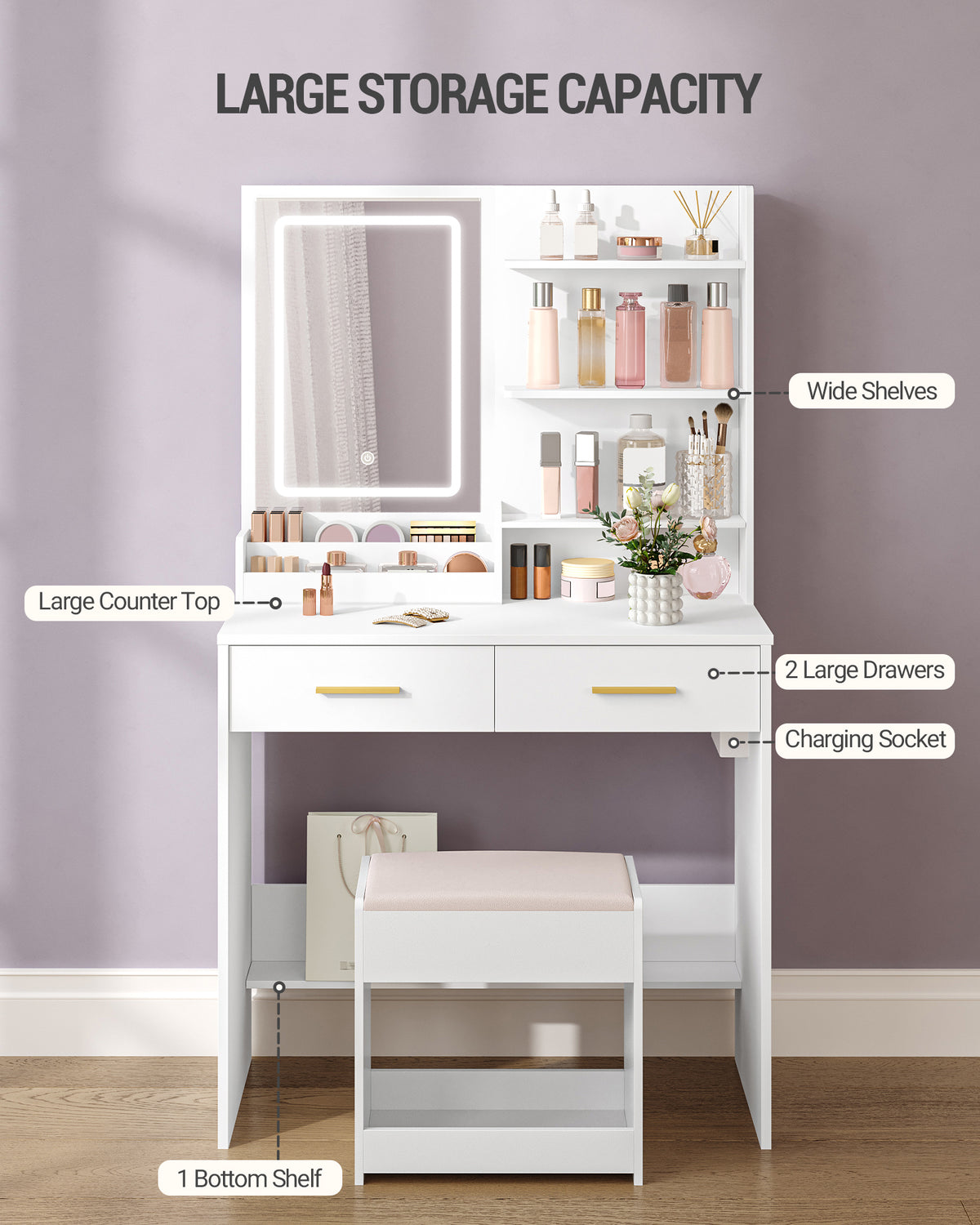Hzuaneri Dressing Table with LED Light, 2 AC Outlets and 2 USB, with 2 Drawers and 4 Open Compartments, Storage Compartment, for Bedroom, Living Room, Bathroom, Modern Style, White VT32003X